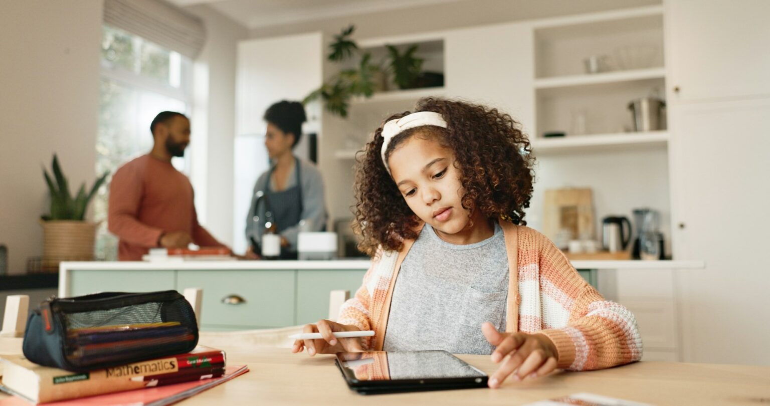 Girl child, house and drawing on tablet for homeschool, learning and growth or development of motor