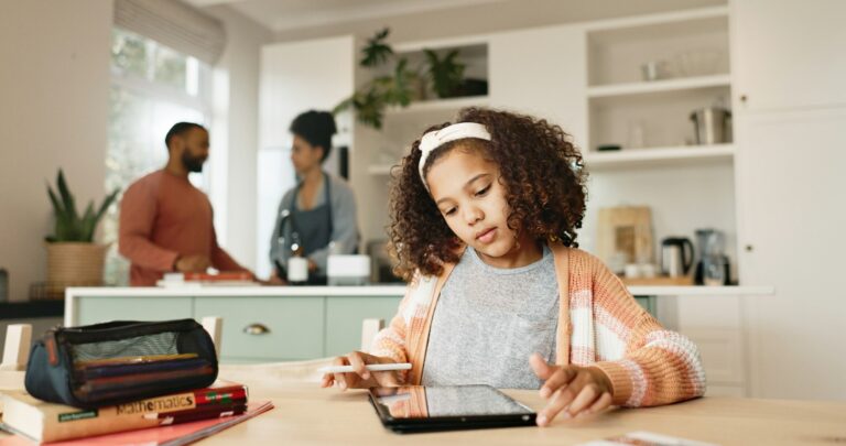 Girl child, house and drawing on tablet for homeschool, learning and growth or development of motor